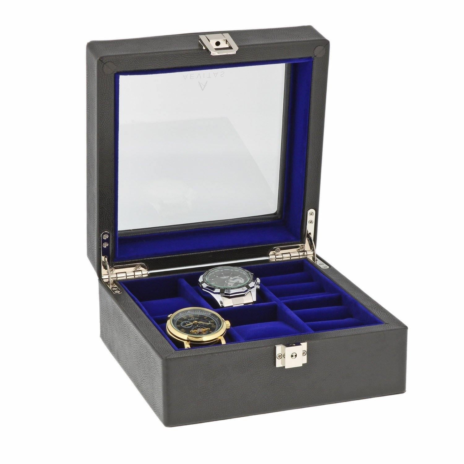 Black Genuine Leather 4 Watch + 4 Pair Cufflink Collectors Box Royal Blue Velvet Lining by Aevitas