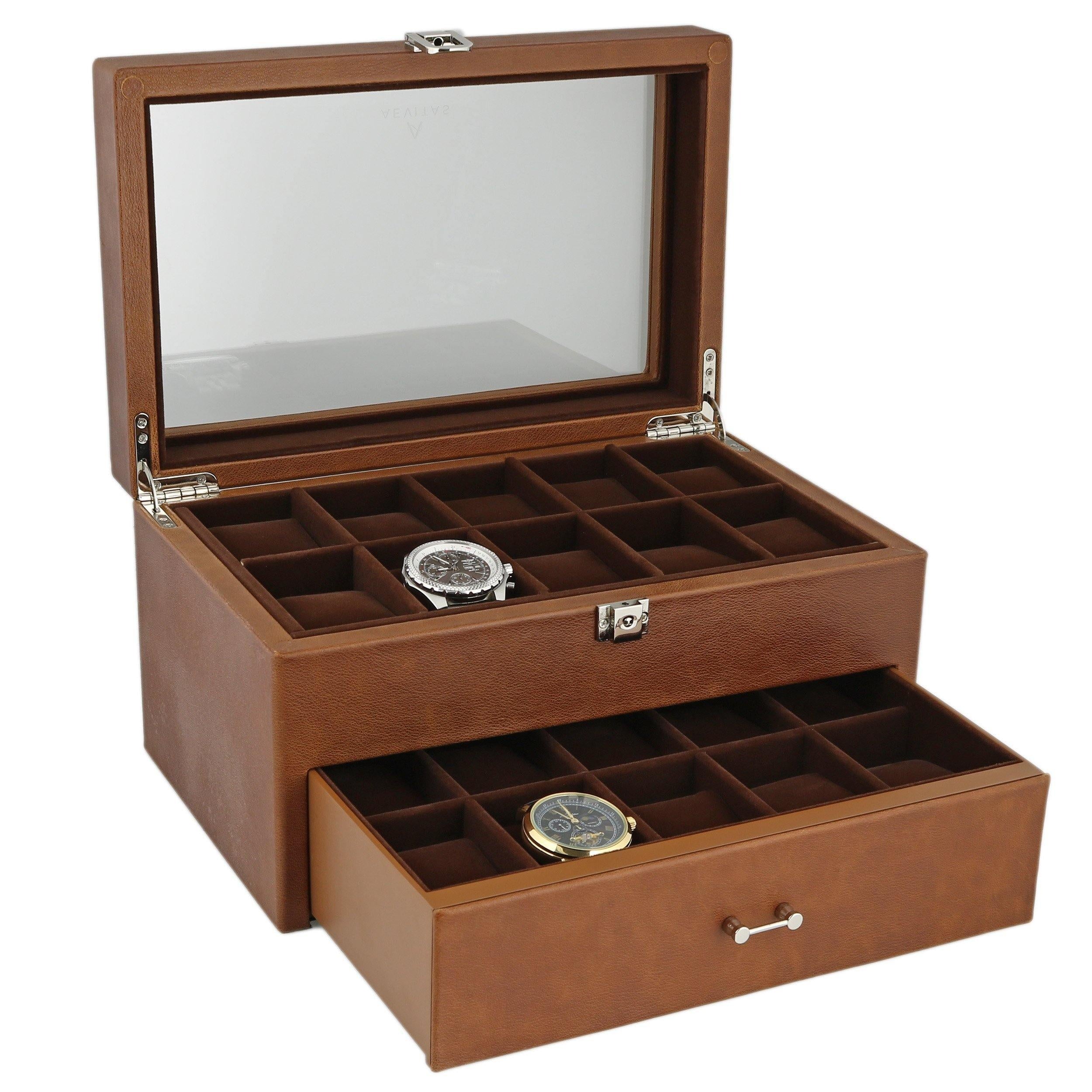 Cognac Brown Genuine Leather Watch Collectors Box with Drawer for 20 Wrist watches by Aevitas Gifts in Time