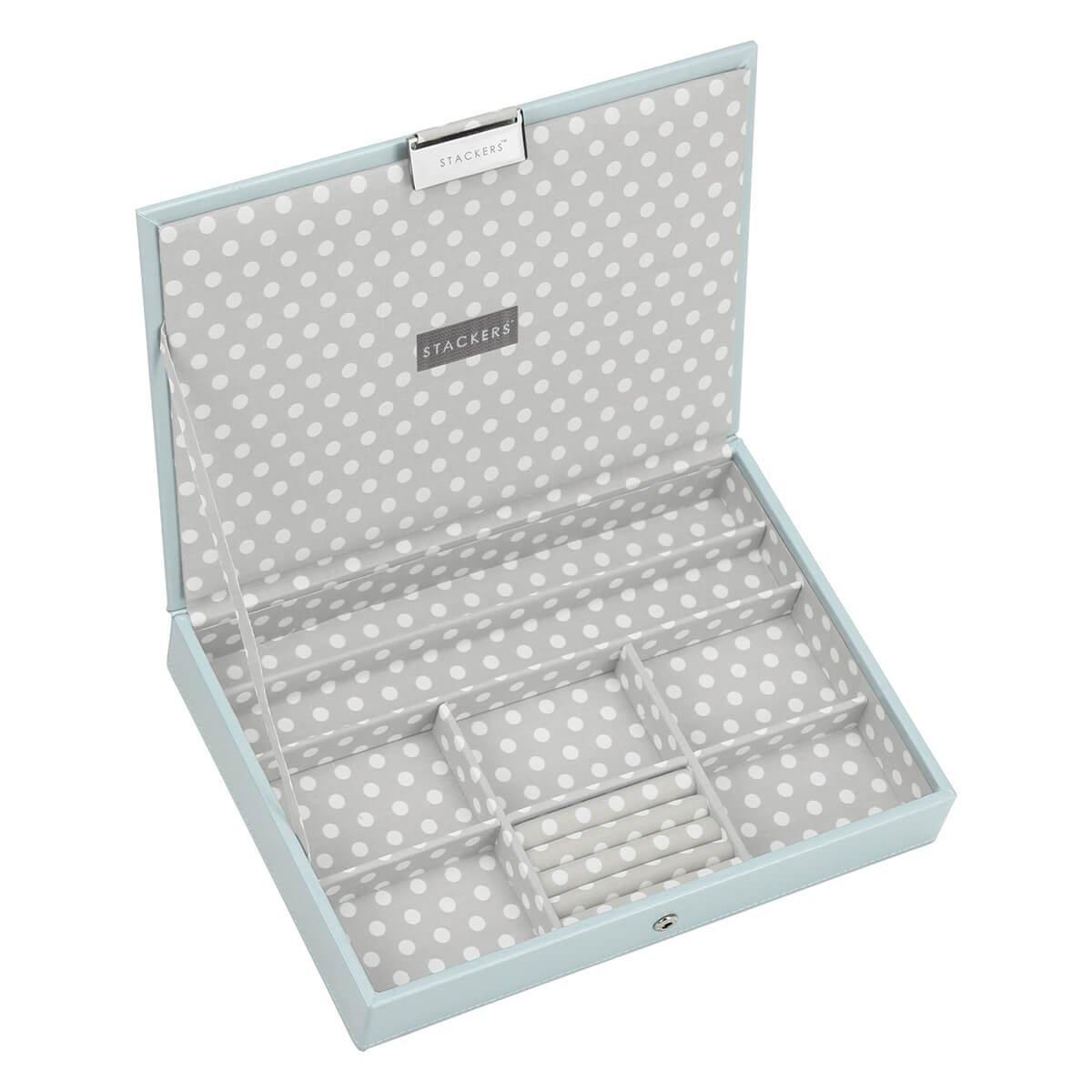 Duck Egg Blue with Grey STACKERS &#39;CLASSIC SIZE Lidded STACKER Jewellery Box Polka Dot Lining