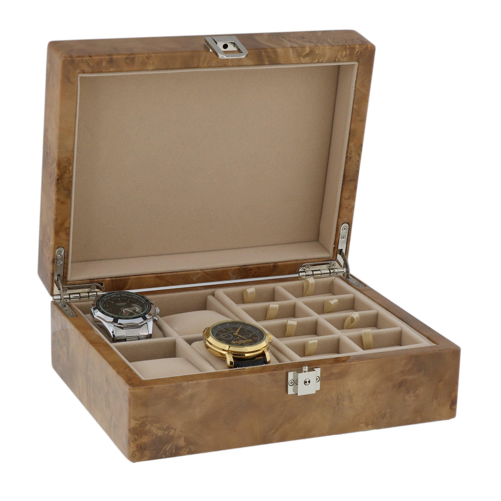 Light Burl Wood Watch and Cufflink Collectors Box 16 Pair Cufflinks + 4 Wrist Watches with Solid Lid by Aevitas