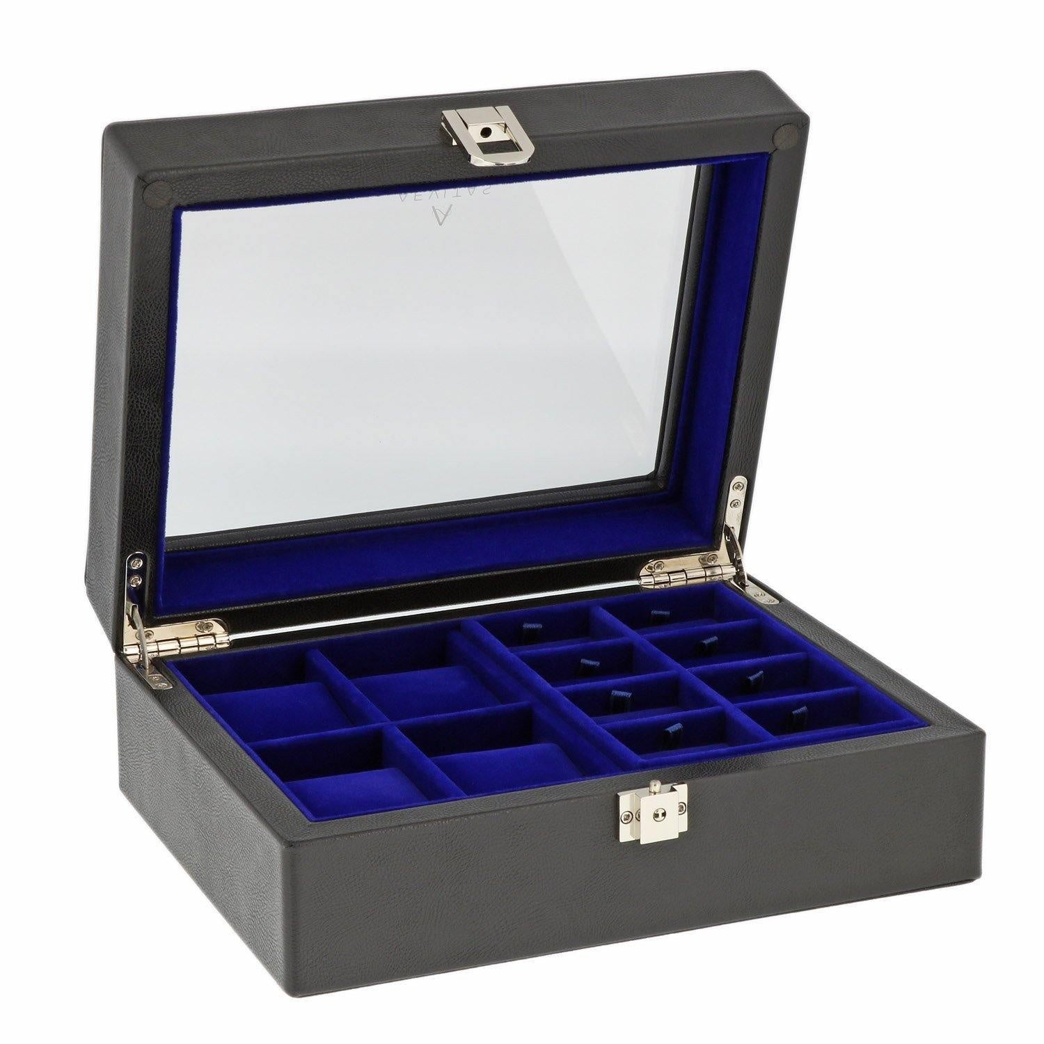 16 Pair Cufflinks and 4 Piece Watch Box in Black Genuine Leather by Aevitas