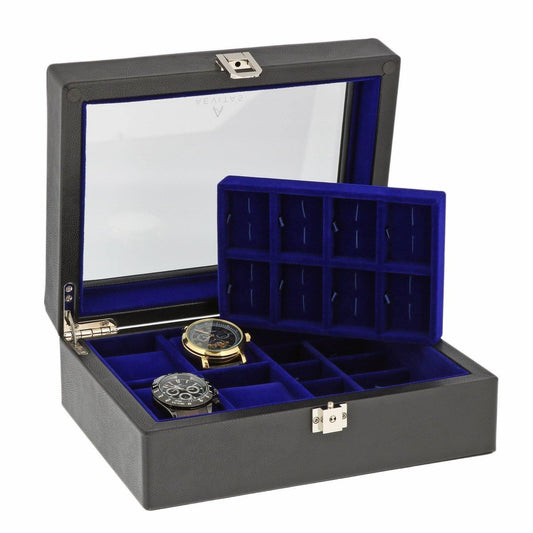 16 Pair Cufflinks and 4 Piece Watch Box in Black Genuine Leather by Aevitas