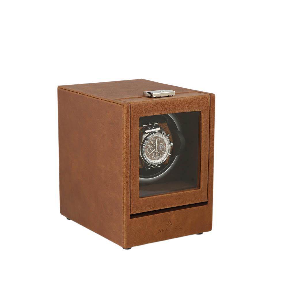 Brown Genuine Leather Watch Winder - Slide Away Door - Deep Brown Velvet Lining by Aevitas