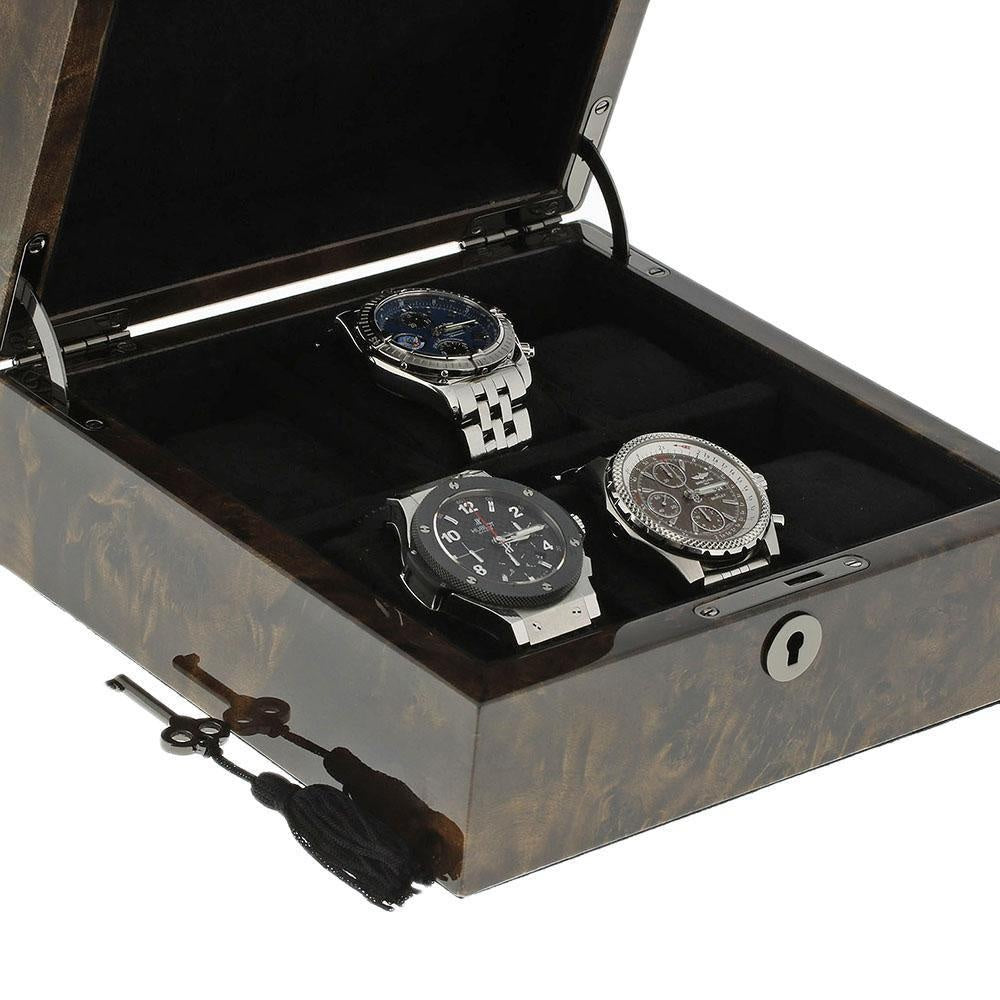 Premium Quality Dark Burl Wood Finished Watch Collectors Box for 6 Watches with Solid Lid by Aevitas