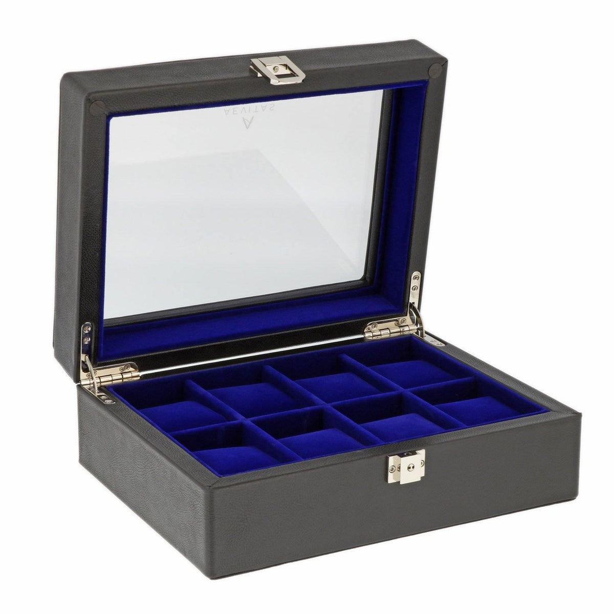 Black Genuine Leather Watch Collectors Box for 8 Wrist Watches Royal Blue Velvet Lining by Aevitas