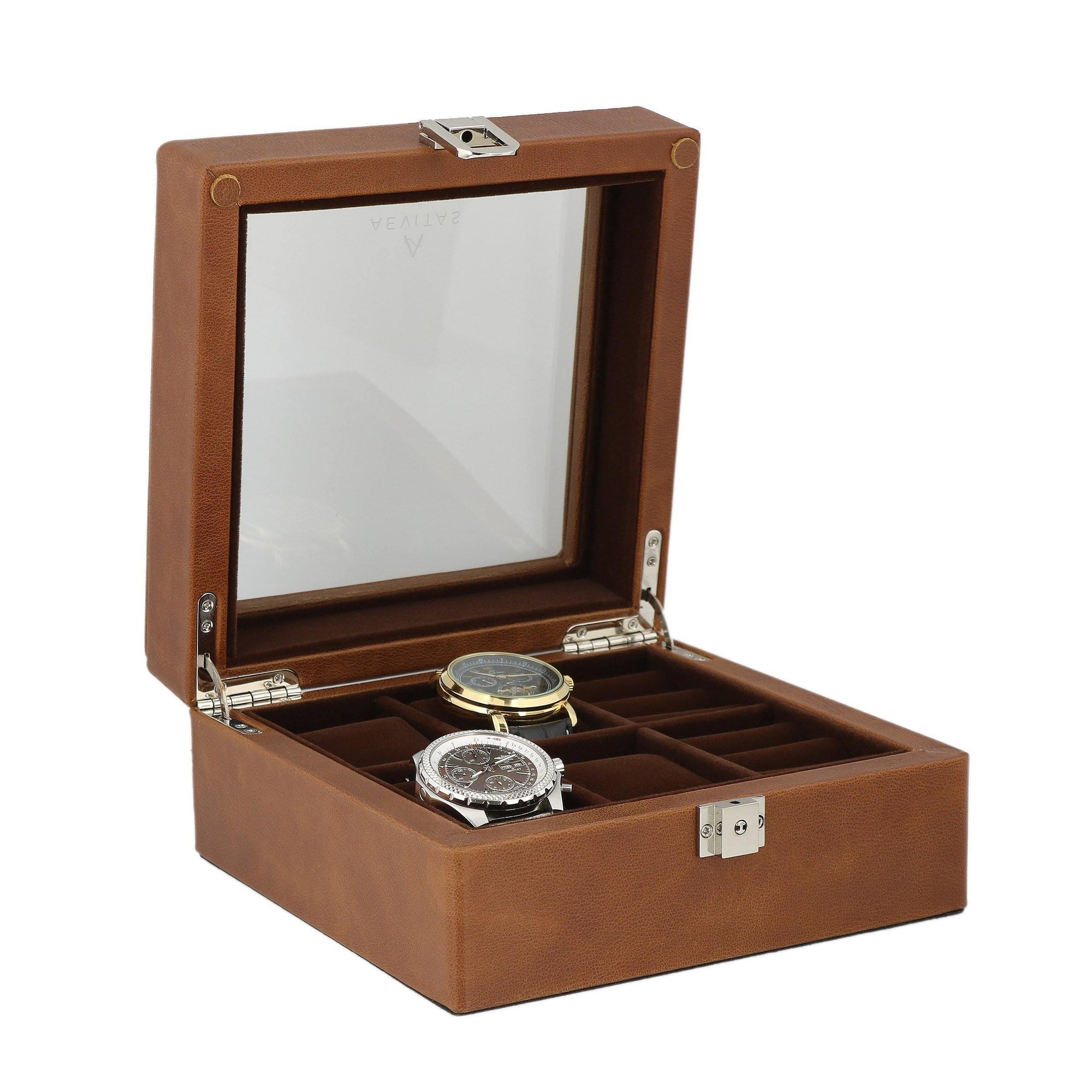 Cognac Brown Genuine Leather 4 Watch + 4 Pair Cufflink Collectors Box Velvet Brown Lining by Aevitas