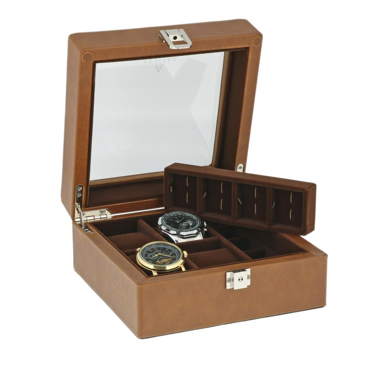 Cognac Brown Genuine Leather 4 Watch + 8 Pair Cufflink Collectors Box Brown Velvet Lining by Aevitas