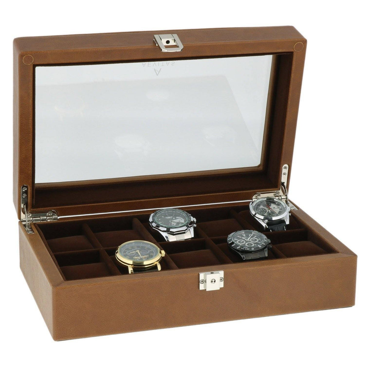 Cognac Brown Genuine Leather Watch Collectors Box for 10 Wrist Watches Brown Velvet Lining by Aevitas