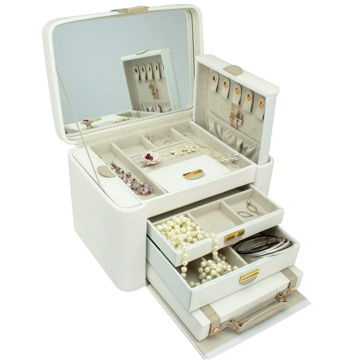 Dulwich Designs Jewellery Box Organiser Cream &amp; Mink Extra Large Genuine Leather