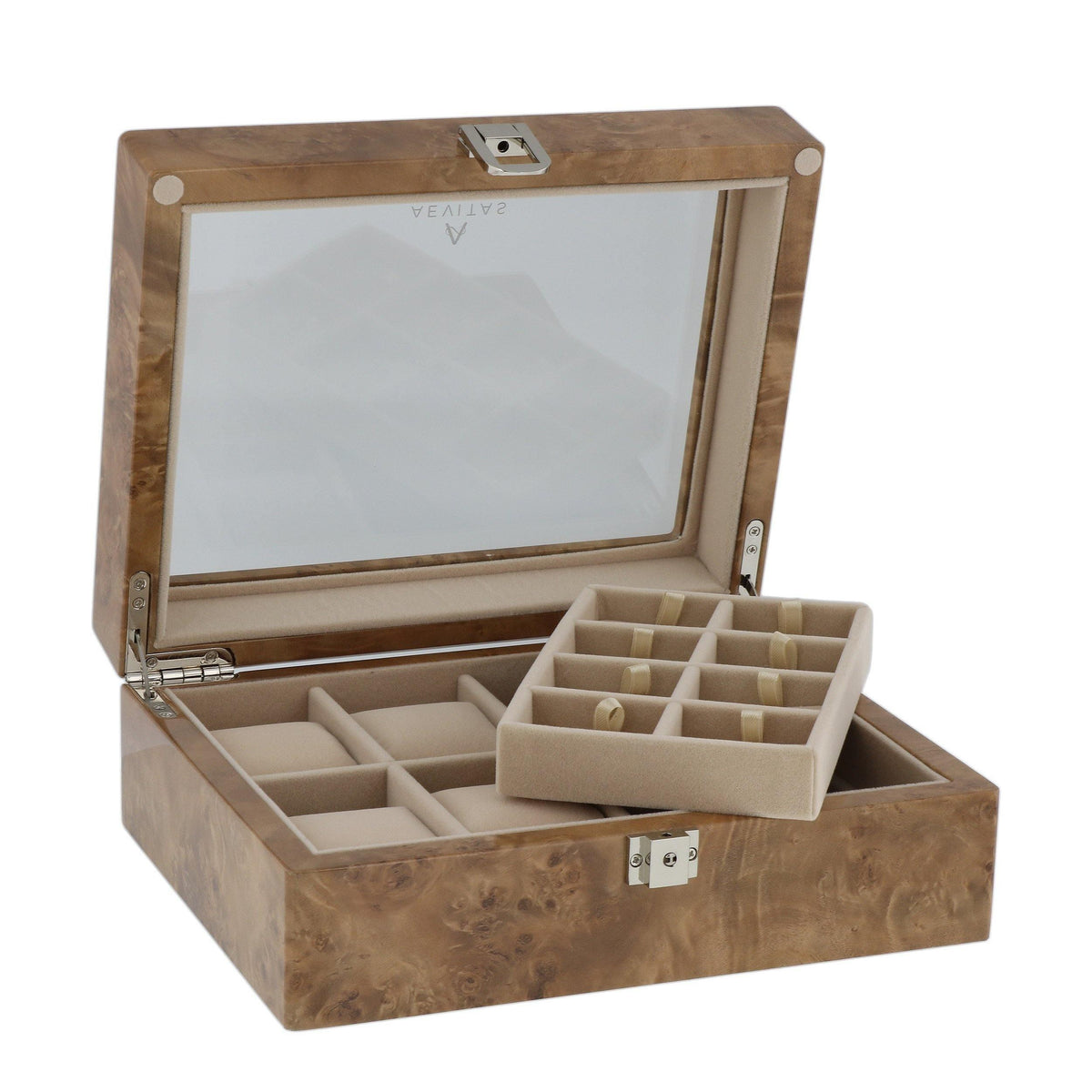 Light Burl Wood 16 Pair Cufflinks and 4 Piece Watch Collectors Box by Aevitas