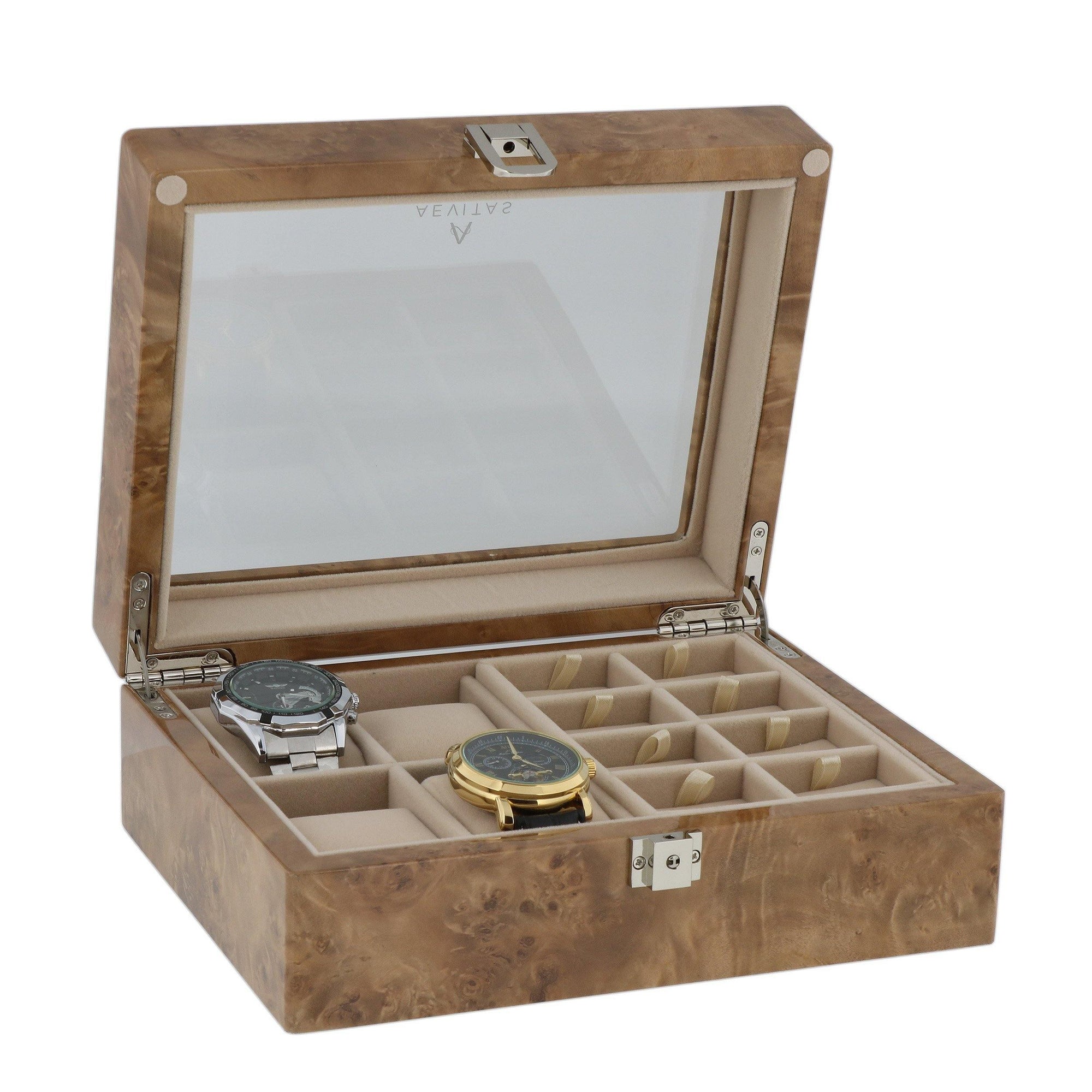 Light Burl Wood 16 Pair Cufflinks and 4 Piece Watch Collectors Box by Aevitas
